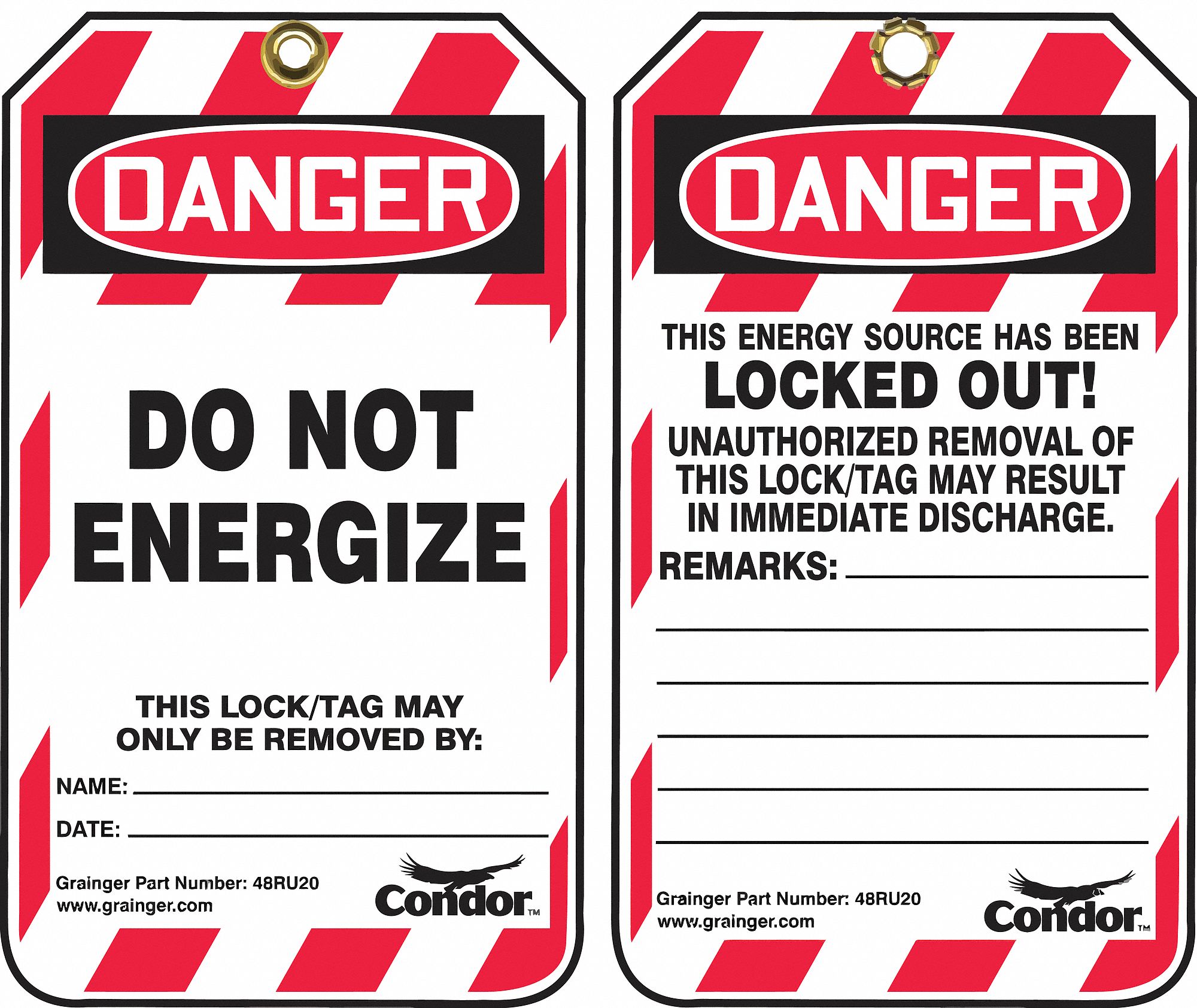 LOCKOUT TAG, DANGER, DO NOT REMOVE TAG, PLASTIC, REMARKS, WRITE-ON, ENGLISH, NYLON, 25 PK