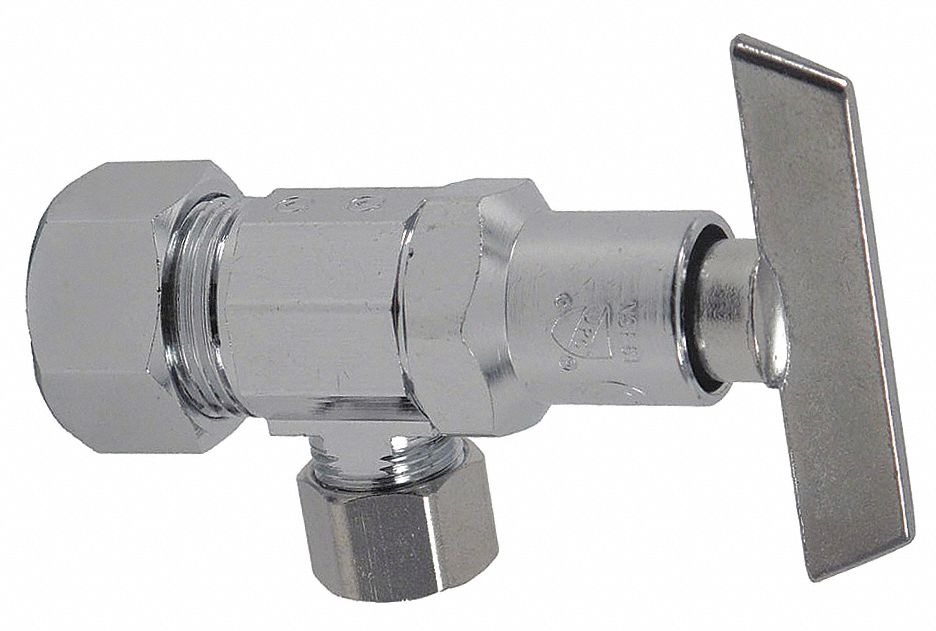 WATER SUPPLY STOP: ½ IN SWEAT, ⅜ IN COMPRESSION, CHROME-PLATED BRASS, ANGLE BODY, ¼-TURN