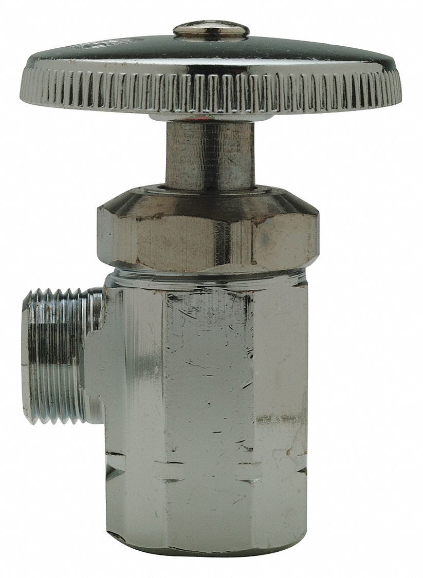 WATER SUPPLY STOP: ½ IN COMPRESSION, ⅜ IN COMPRESSION, CHROME-PLATED BRASS, ANGLE BODY