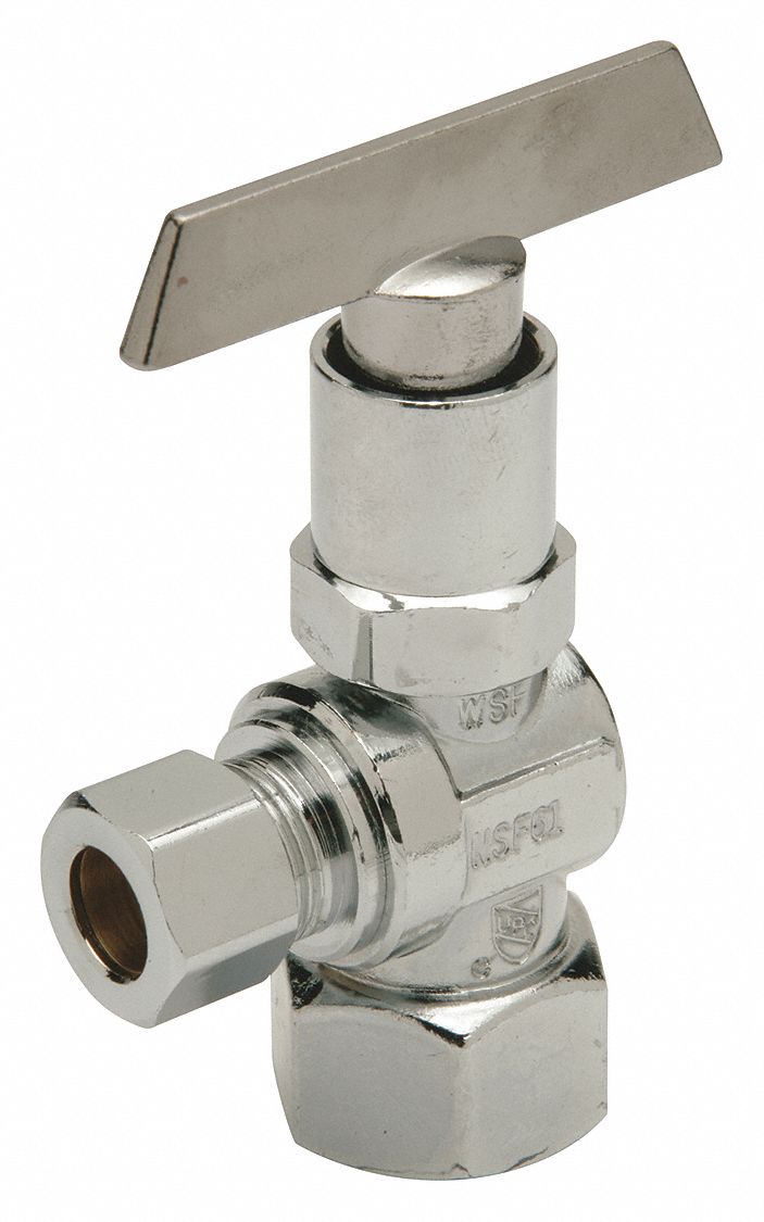 WATER SUPPLY STOP: ½ IN, ⅜ IN COMPRESSION, CHROME-PLATED BRASS, ANGLE BODY, ¼-TURN