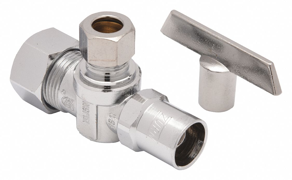 WATER SUPPLY STOP: ½ IN COMPRESSION, ⅜ IN COMPRESSION, CHROME-PLATED BRASS, ANGLE BODY