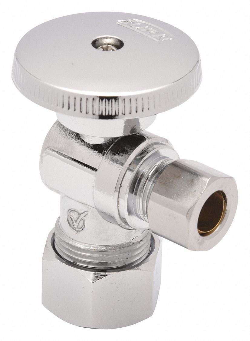 WATER SUPPLY STOP: ½ IN COMPRESSION, ⅜ IN COMPRESSION, CHROME-PLATED BRASS, ANGLE BODY