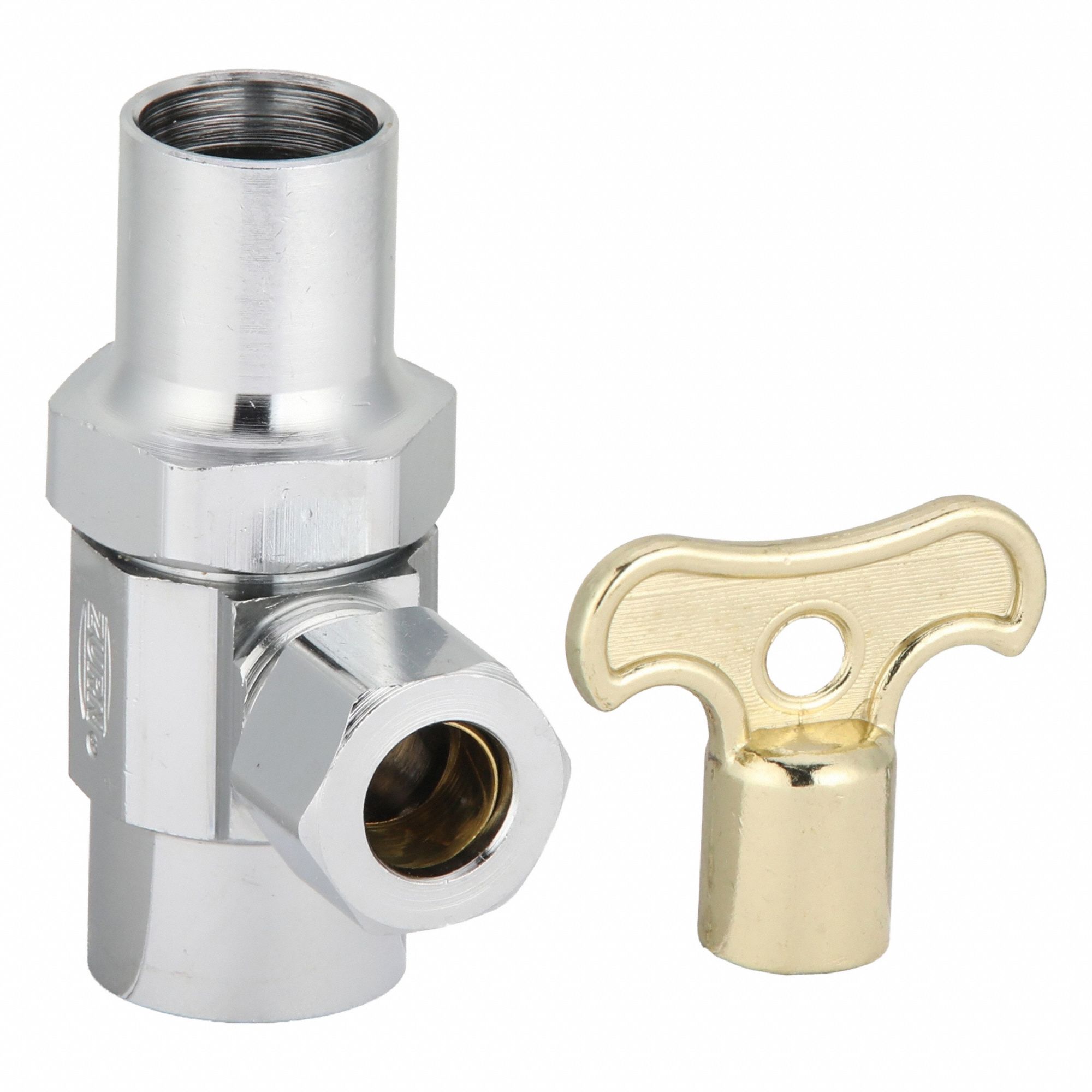 Water Supply Stop: 1/2 in Sweat, 3/8 in Compression, Chrome-Plated Brass, Angle Body, 1/4-Turn