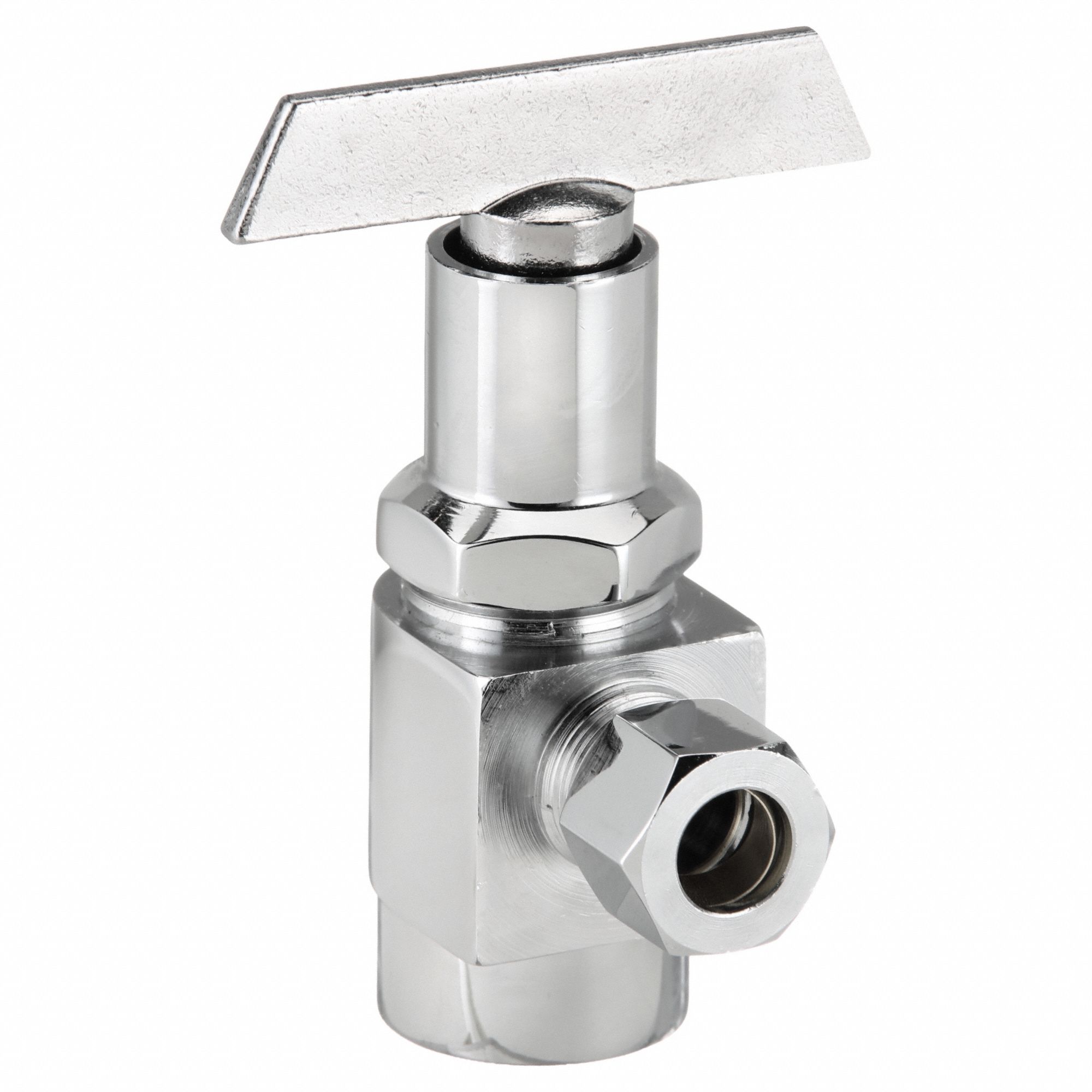 Water Supply Stop: 1/2 in, 3/8 in Compression, Chrome-Plated Brass, Angle Body, 1/4-Turn, Lever