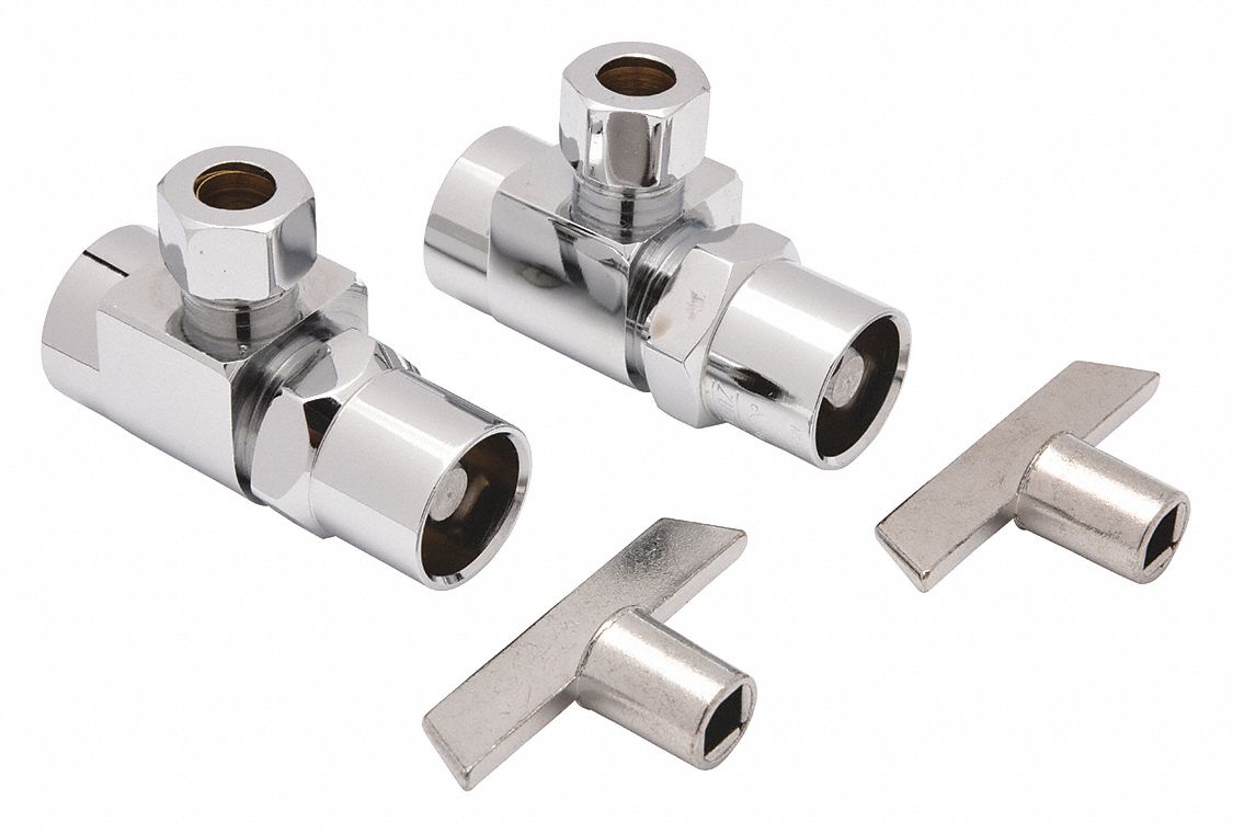 WATER SUPPLY STOP: ½ IN, ⅜ IN COMPRESSION, CHROME-PLATED BRASS, ANGLE BODY, ¼-TURN, LEVER