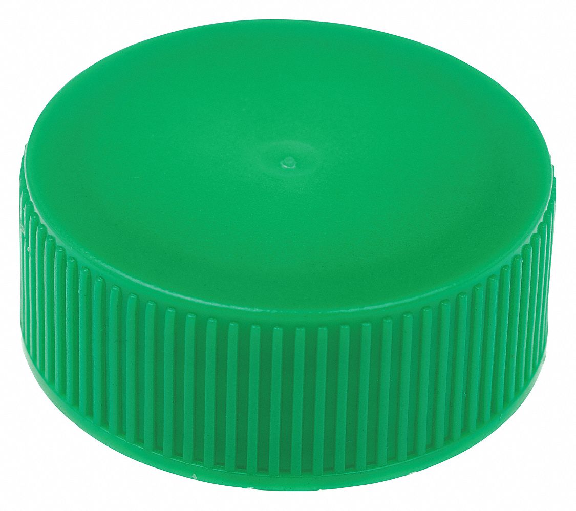 Cap: 35 mm Dia, Green, HDPE, Unlined, 29-14 mm Screw Closure Size, Narrow Mouth Size