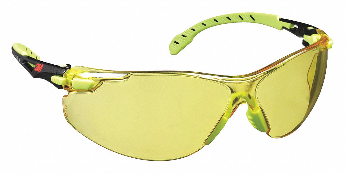 Safety Glasses: Amber Lens, Frameless, Scotchgard™ Anti-Fog, Black/Green Frame