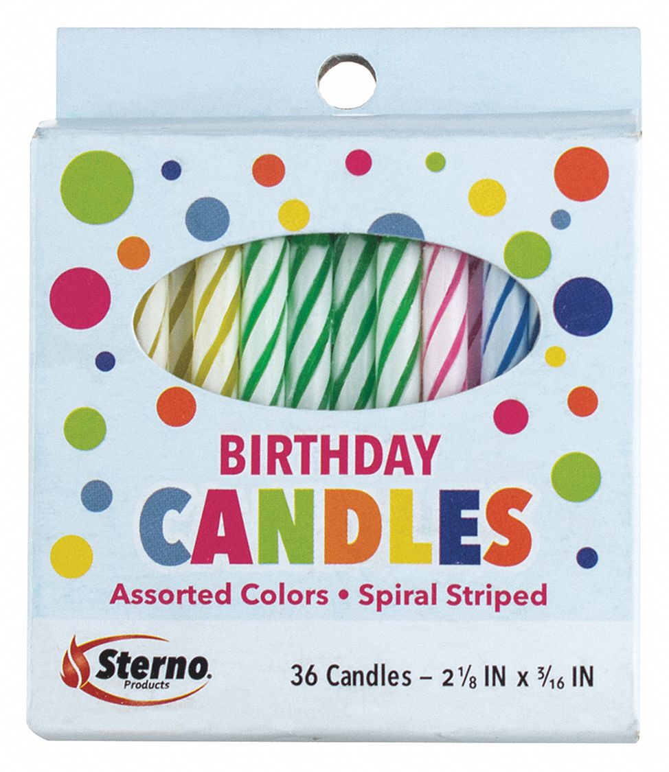 Birthday Candles: Assorted, 2 min Burn Time, 2 1/4 in Ht, 36 PK