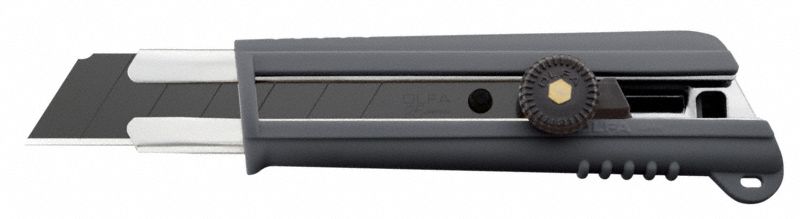 Snap-Off Utility Knife: 7 in Overall Lg, Rubberized, 7 Segments, 0 Blades Stored, Gray, Plastic