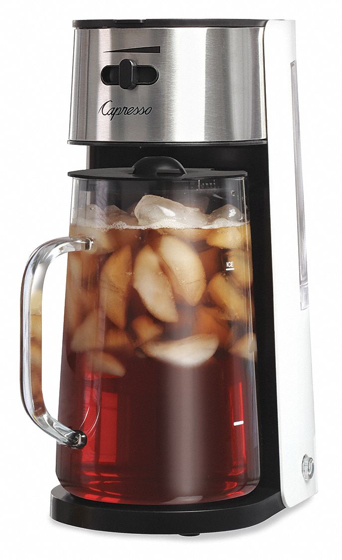 Iced Tea Maker: 0.6 gal Capacity, 0 Dispensers, 6 1/4 in Overall Dp, 13 1/2 in Overall Ht