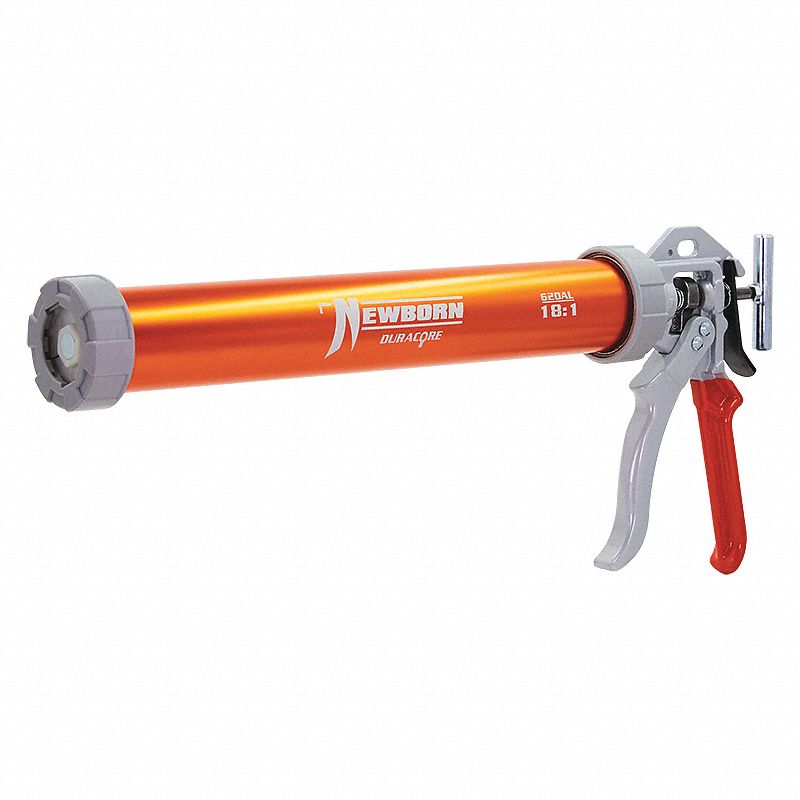 CAULK GUN, SAUSAGE PACK, 24 OZ, 18:1, FULL BARREL FRAME, SMOOTH ROD, ORANGE