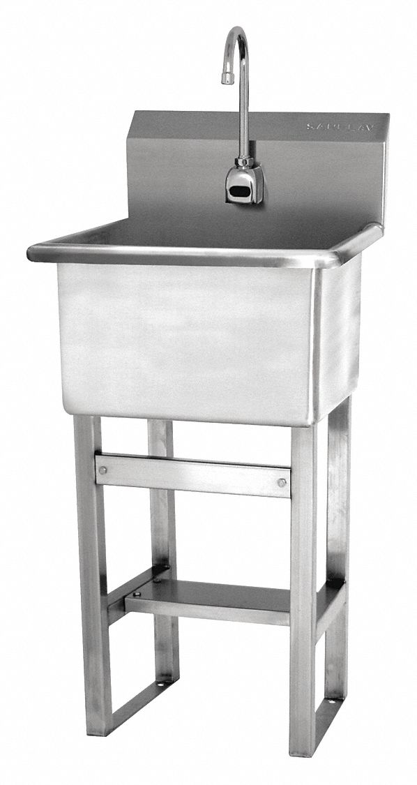 Utility Sink: 1 Bowls, Stainless Steel, 45 1/2 in Overall Ht, 21 in Overall Lg, Sensor