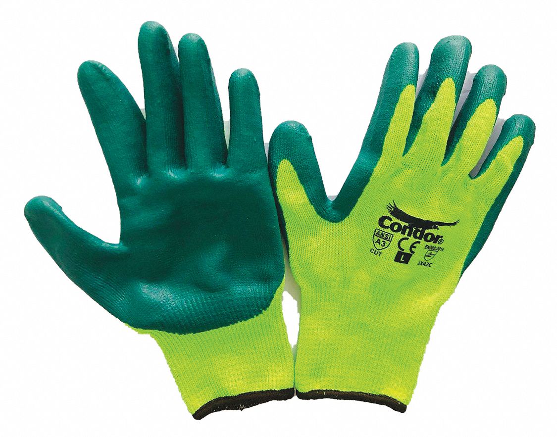COATED GLOVES, L (9), ANSI CUT LEVEL A3, DIPPED PALM, NITRILE, SMOOTH, LIME