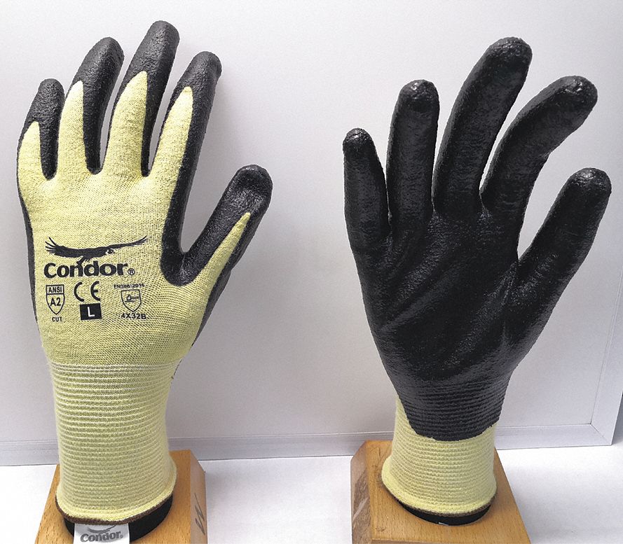 GANTS ENDUITS,G(9),RÉSISTANCE AUX COUPURES NIVEAU A2 ANSI,PAUME TREMPÉE,NITRILE,KEVLAR,13GA