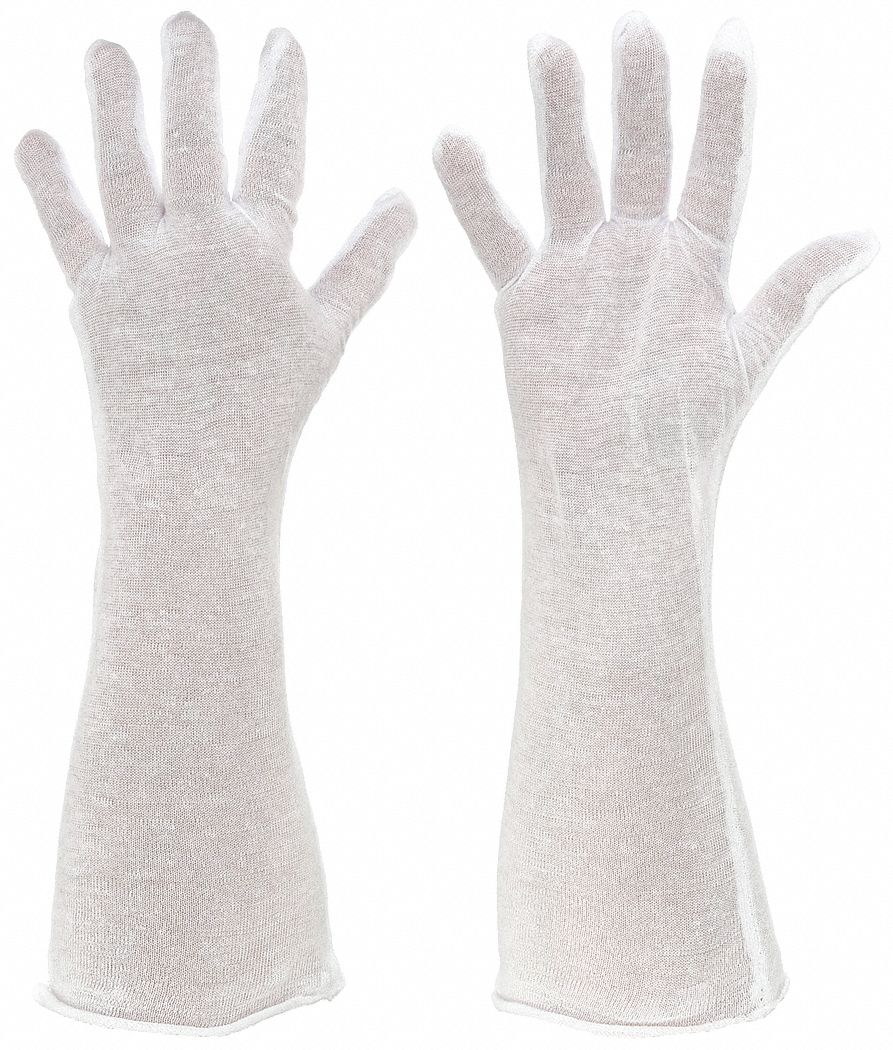 INSPECTION GLOVES, L (9), FINISHED HEM, CUT/SEWN, COTTON, 14 IN L, WHT, 12 PK