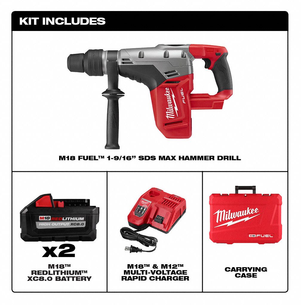 MILWAUKEE Cordless Rotary Hammer Kit, 18.0 V Voltage, 0 to 3000 Blows per Minute, Battery