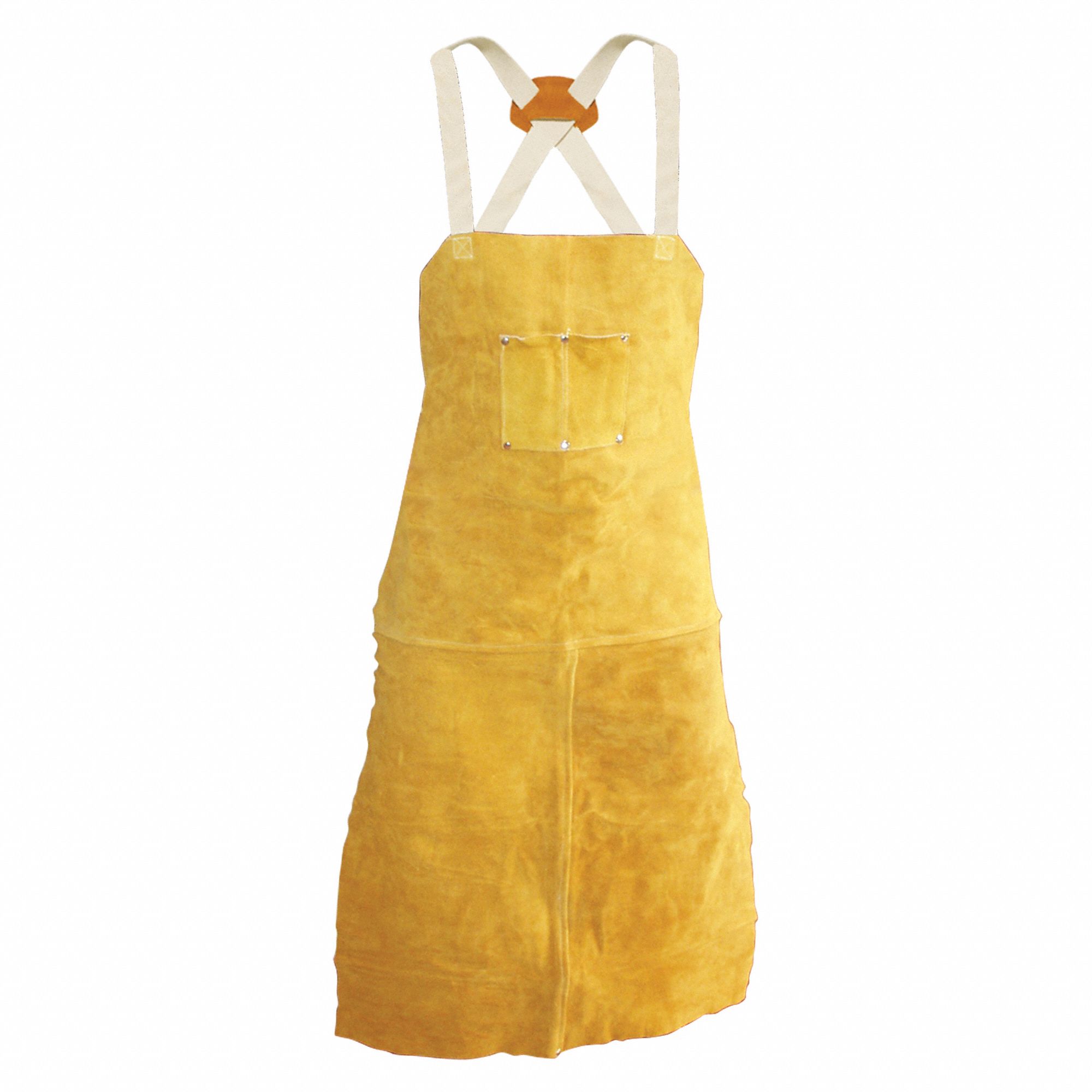 Welding Apron: Bib Apron, 42 in Lg, Yellow, Cowhide, 2.2 lb Fabric Wt, Adj Buckle, 24 in Wd