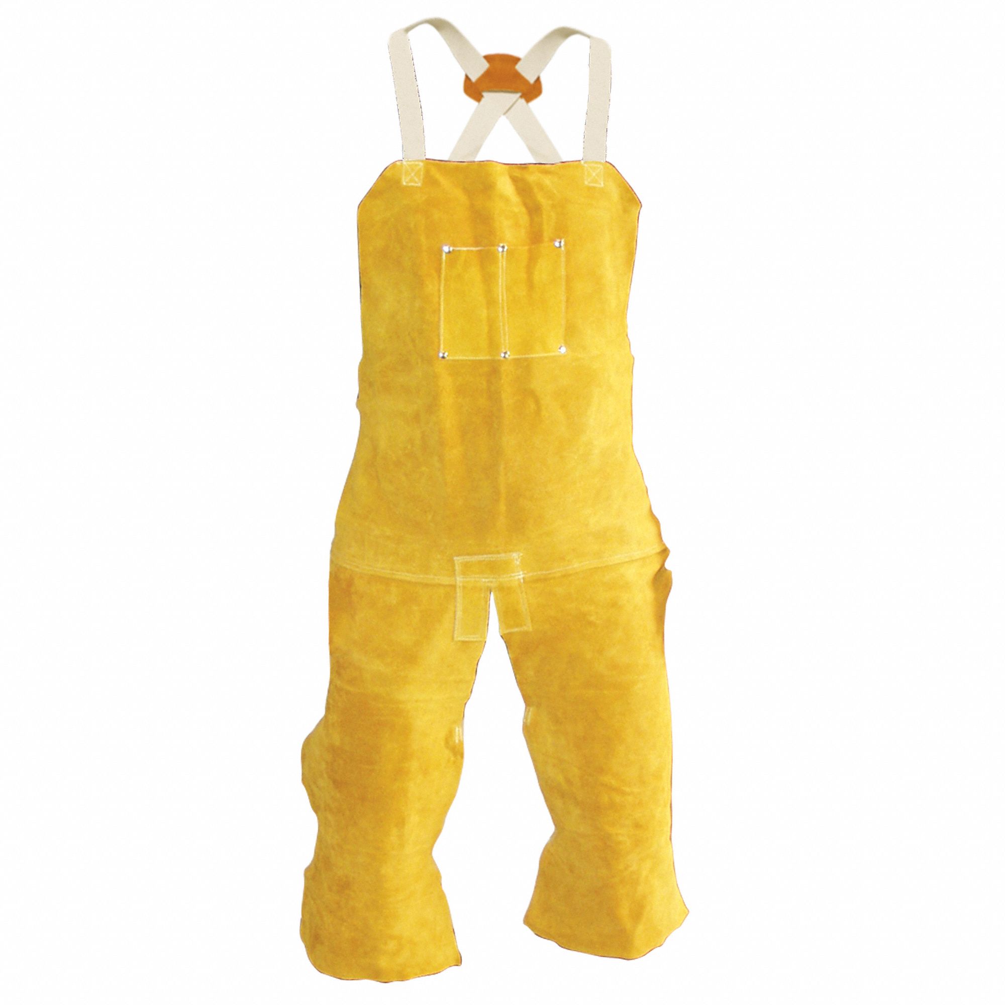 Welding Apron: Split Leg Apron, 42 in Lg, Yellow, Cowhide, 2.25 lb Fabric Wt, Adj Buckle
