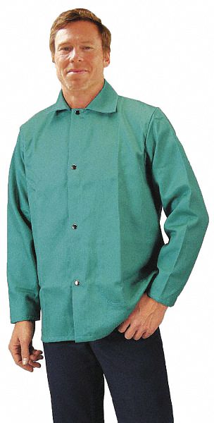Welding Jacket: Men's, Indura ( 12 oz ), Green, Snaps, 1 Total Pockets, 2XL, 30 in Lg