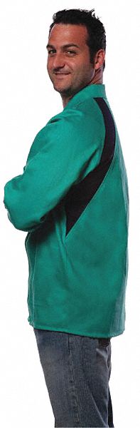 Welding Jacket: Men's, Cotton ( 9 oz ), Green, Snaps, 1 Total Pockets, 2XL, Vented Underarms
