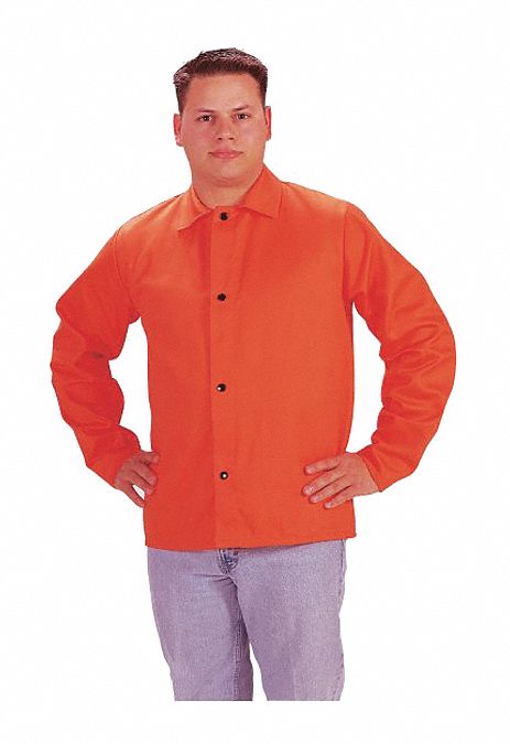 Welding Jacket: Men's, Cotton ( 9 oz ), Orange, Snaps, 1 Total Pockets, 2XL, 30 in Lg
