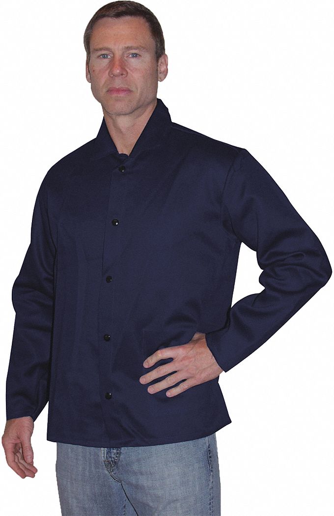 Welding Jacket: Men's, Indura ( 9 oz ), Navy, Snaps, 1 Total Pockets, 2XL, 30 in Lg