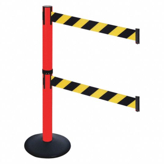 RETRACTABELT Barrier Post, PVC Post, Black, Blk/Ylw Belt 48VJ41