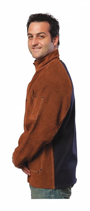 Welding Jacket: Men's, Cowhide ( 55 oz ), Brown, Snaps, 1 Total Pockets, M, Vented Back