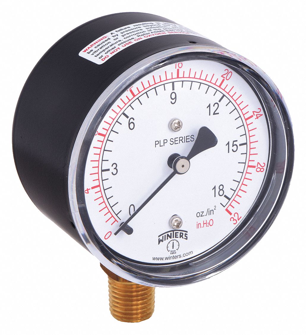 Low Pressure Gauge: For Natural Gas & Other Gases, 0 in wc to 32 in wc, 2 1/2 in Dial, PLP