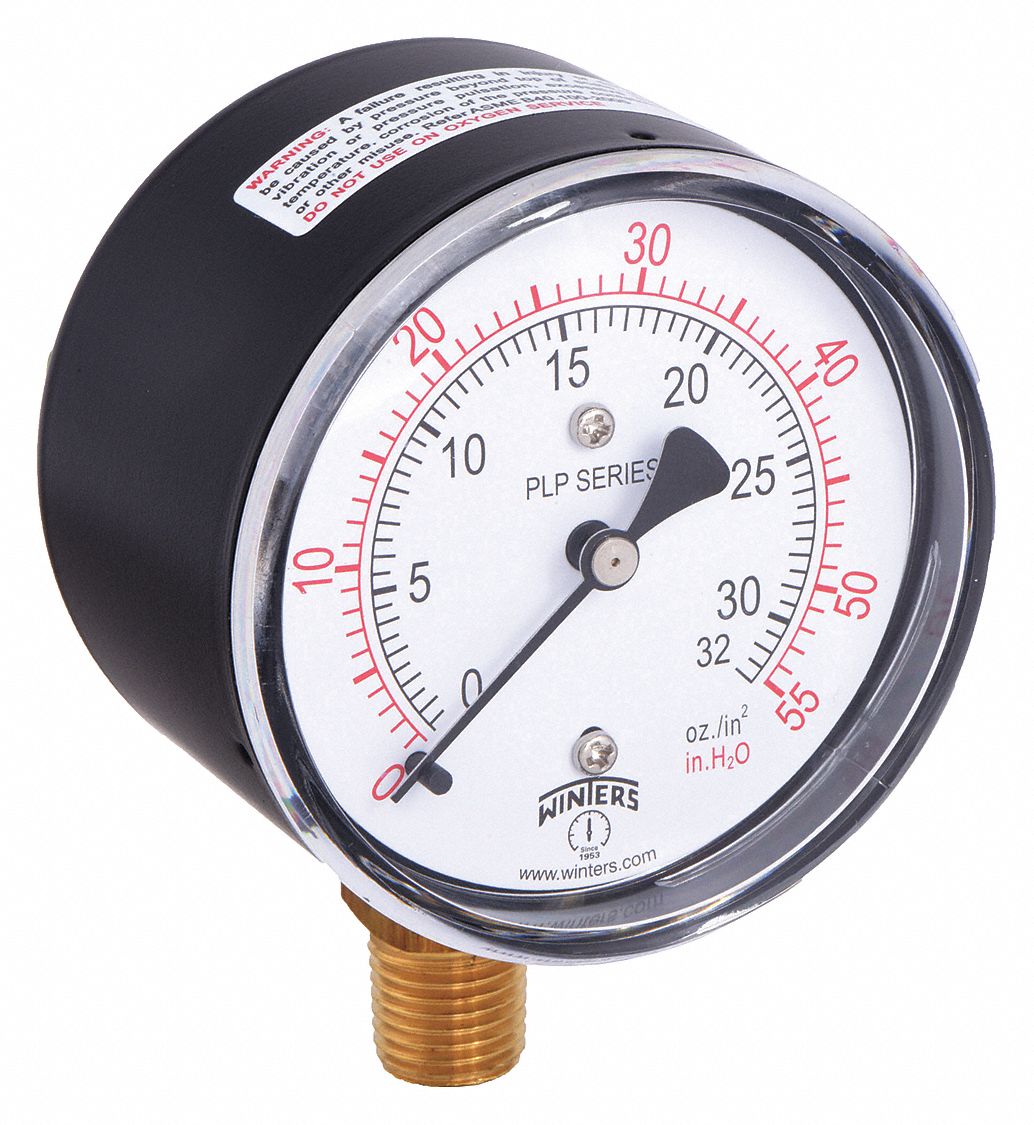 LOW PRESSURE GAUGE, FOR NATURAL GAS & OTHER GASES, 0 IN WC TO 55 IN WC, 2 1/2 IN DIAL, PLP