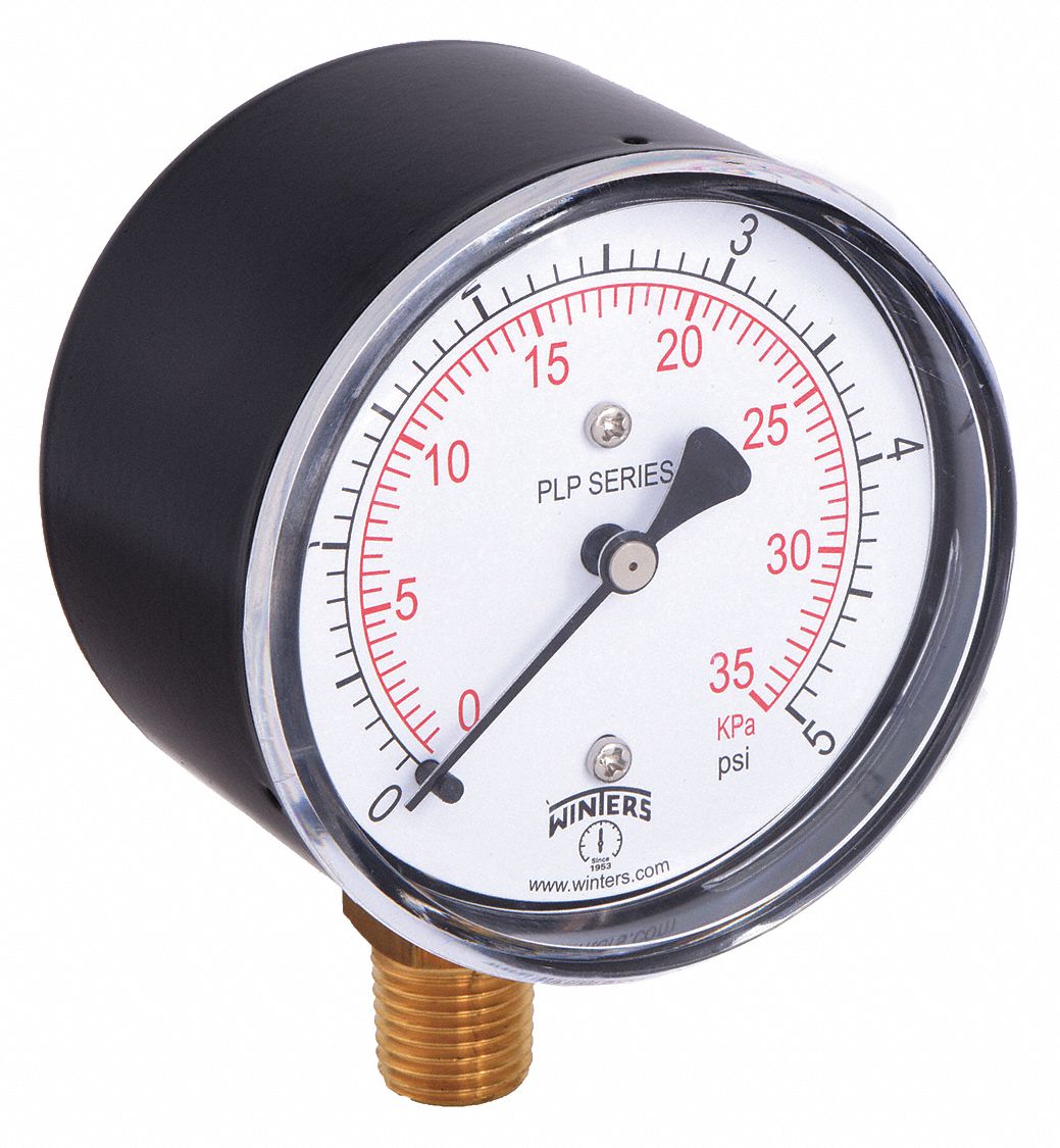 Low Pressure Gauge: For Natural Gas & Other Gases, 0 psi to 5 psi, 2 1/2 in Dial, Bottom, 5