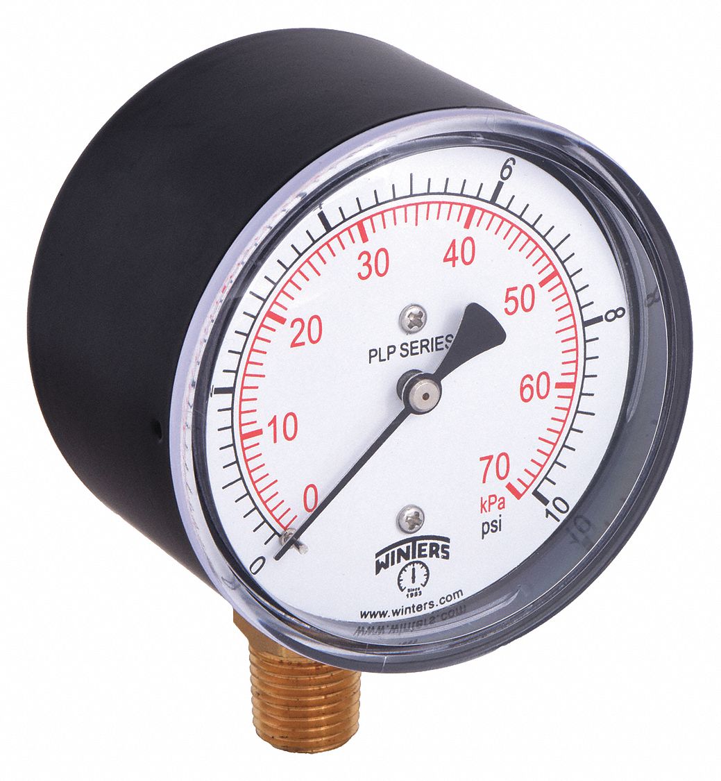 Low Pressure Gauge: For Natural Gas & Other Gases, 0 psi to 10 psi, 2 1/2 in Dial, Bottom, 5