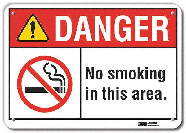 REFLECTIVE NO SMOKING DANGER SIGN, ALUMINUM, MOUNTING HOLES, ENGINEER GRADE, 10 X 14 IN, NO SMOKING IN THIS AREA.