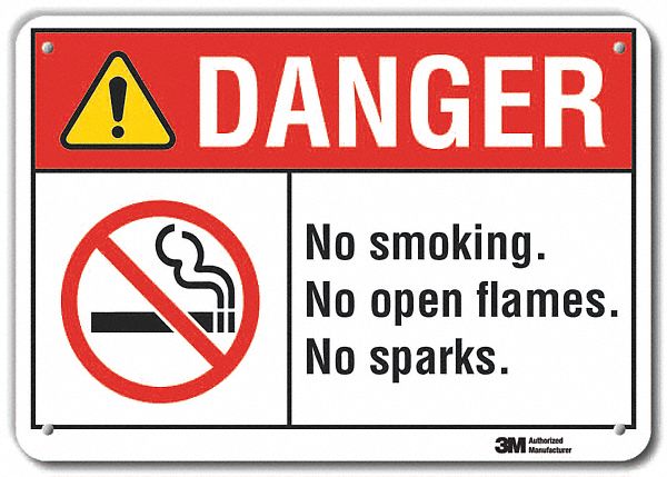 REFLECTIVE NO SMOKING DANGER SIGN, ALUMINUM, HOLE MOUNT, ENGINEER GRADE, 7X10IN, NO SMOKING. NO OPEN FLAMES. NO SPARKS