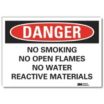 Danger: No Smoking No Open Flames No Water Reactive Materials Signs