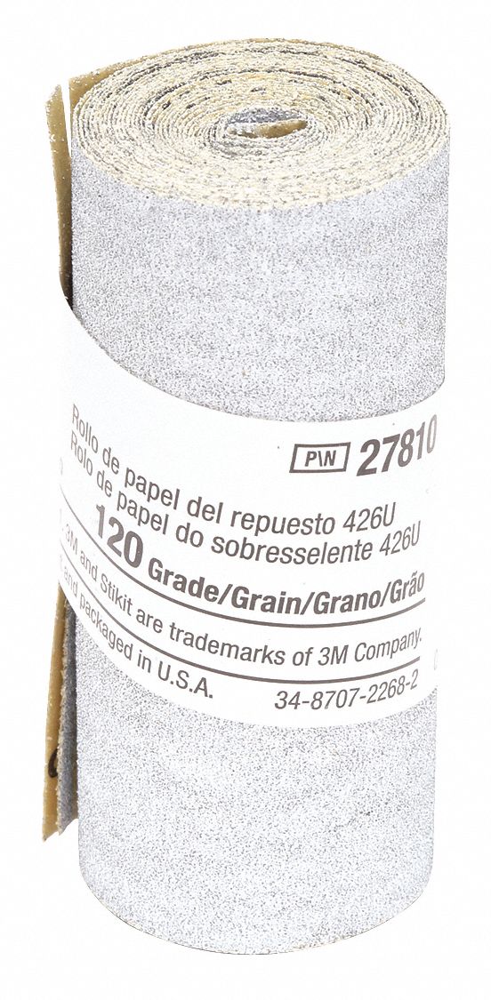 Sandpaper Roll: 2 1/2 in W x 70 in L, Silicon Carbide, 120 Grit, A Wt Paper, PSA, 426U