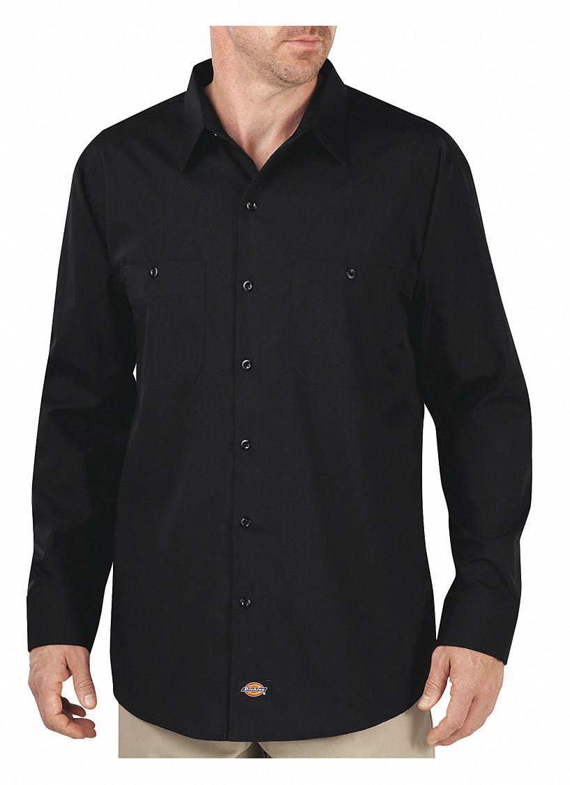 DICKIES Black Long Sleeve Work Shirt, L, 65% Polyester/35% Cotton ...