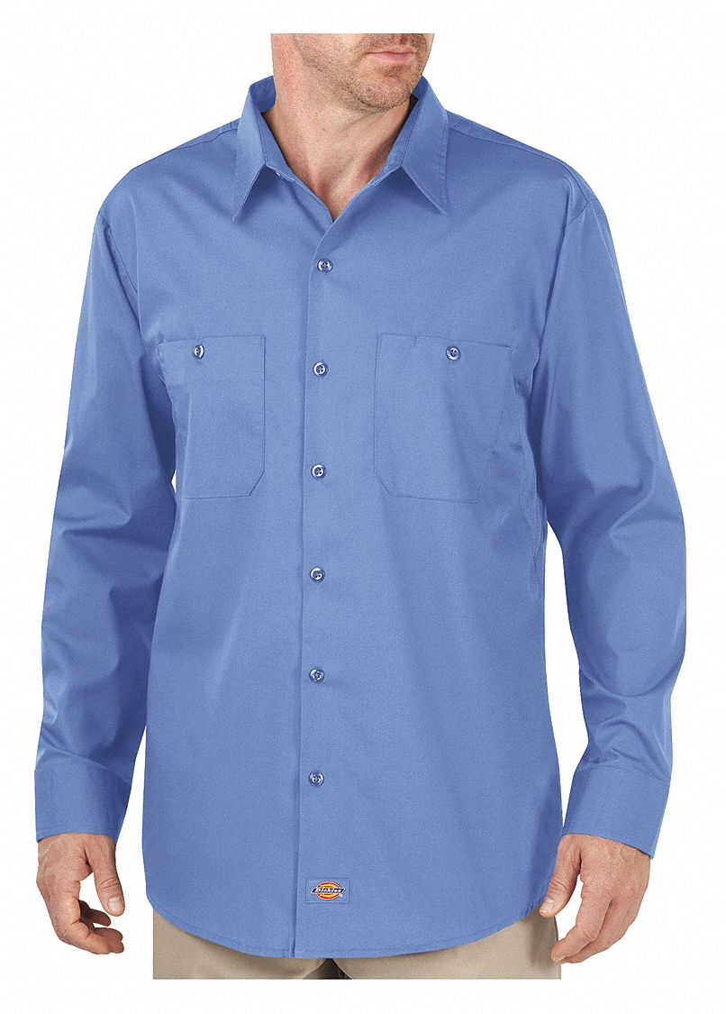 DICKIES Light Blue Long Sleeve Work Shirt, 3XL, 65% Polyester/35% ...