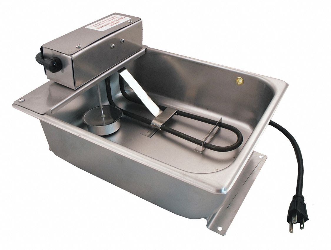 Condensate Evaporator Pan: 7 1/2 qt cap., 8 gpd, 13 in L x 10 in W x 4 in H, 120V AC, 22 Gauge