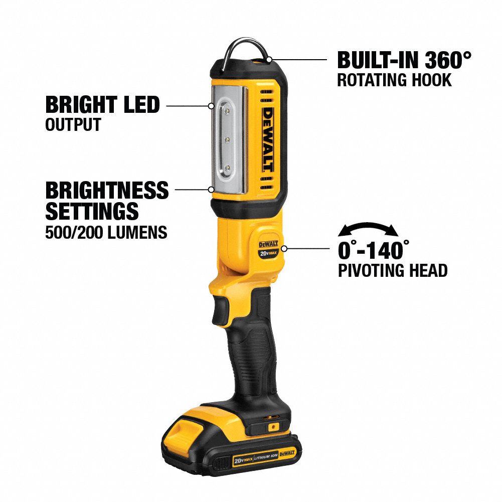 DEWALT Cordless Stick Light 20V MAX*, Bare Tool, 500 lm Max., 2 Modes, Belt Clip/Hang Hook