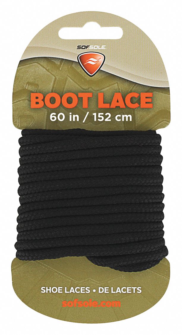 Boot and Shoe Laces: 84719, Black, Polyester, 60 in Overall Lg, Round, Tie, 1 PR