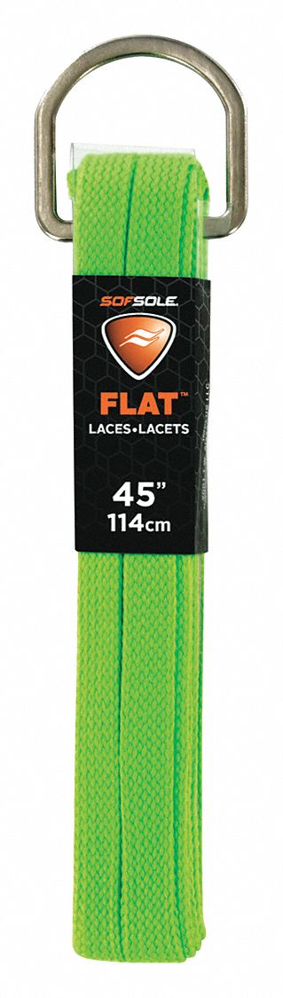 Boot and Shoe Laces: 84837, Bright Green, Polyester, 45 in Overall Lg, Flat, Tie, 1 PR