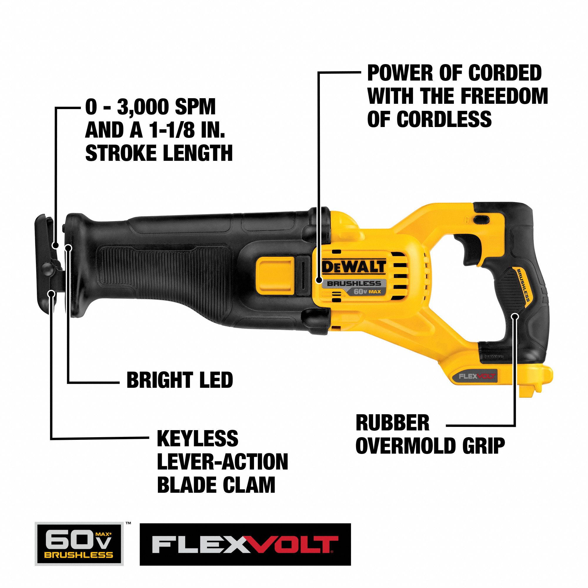 DEWALT FullSize, Reciprocating Saw Kit, 1 1/8 in Stroke Length, 3,000