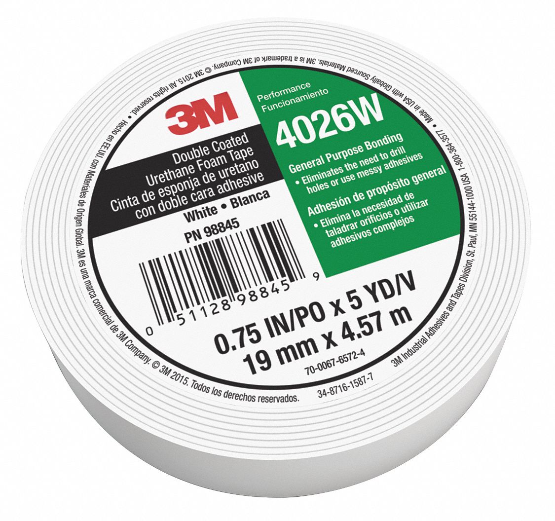 White, 1/2 in x 5 yd, DoubleSided Foam Tape 48YF824026 Grainger