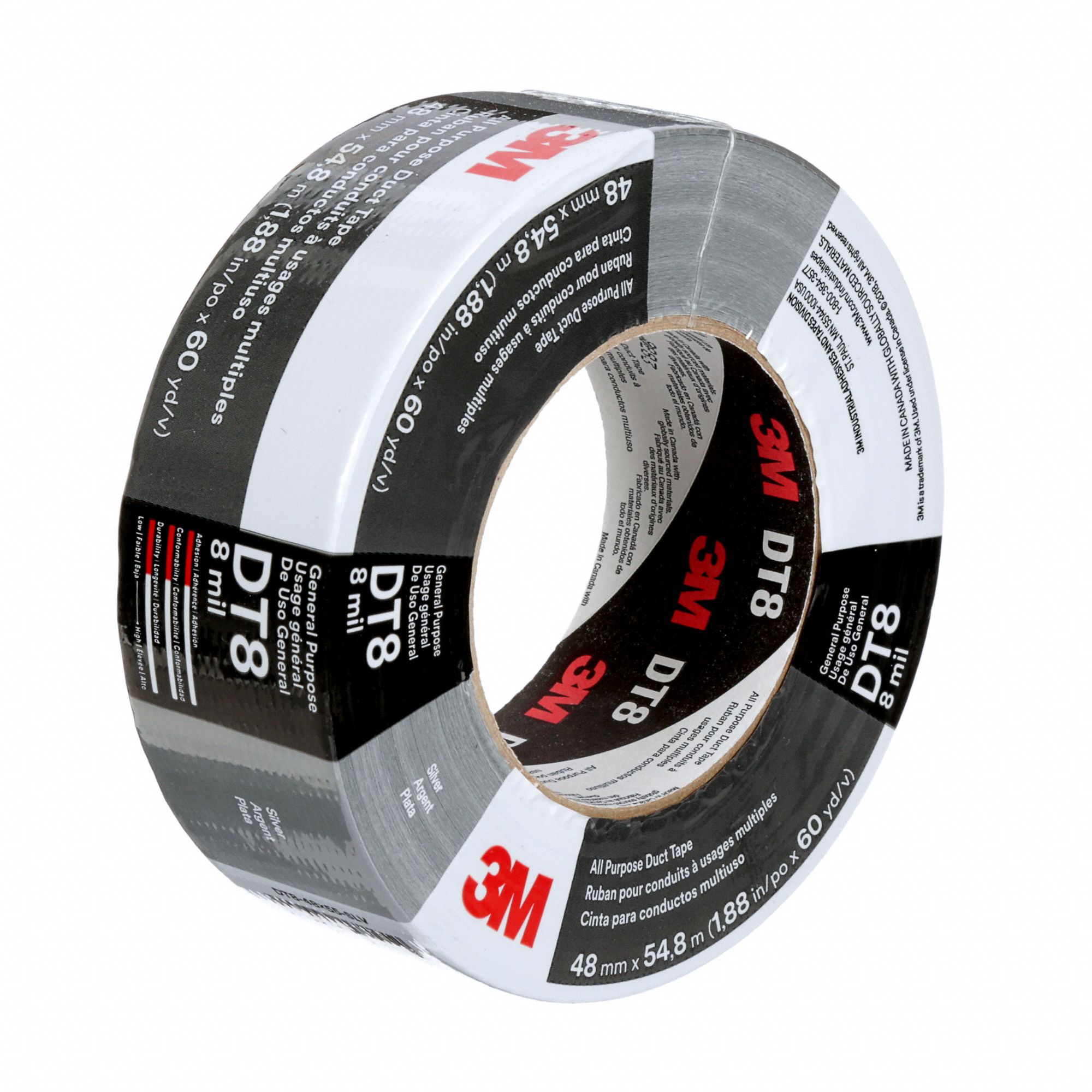 3M Duct Tape 3M, Series DT Series, Std Duty, 1 7/8 in x 60 yd, Silver, Continuous Roll, Pack
