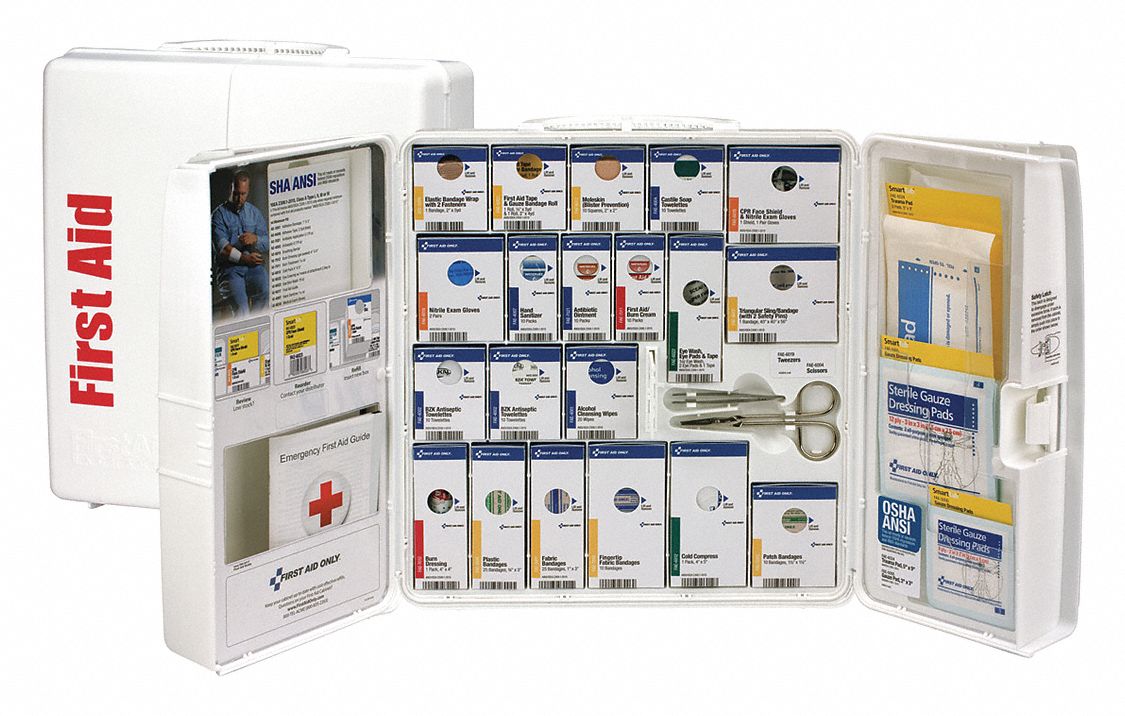 First Aid Kit and Housing: 203 Components, ANSI/ISEA Z308.1-2021, Type I/II, Class A