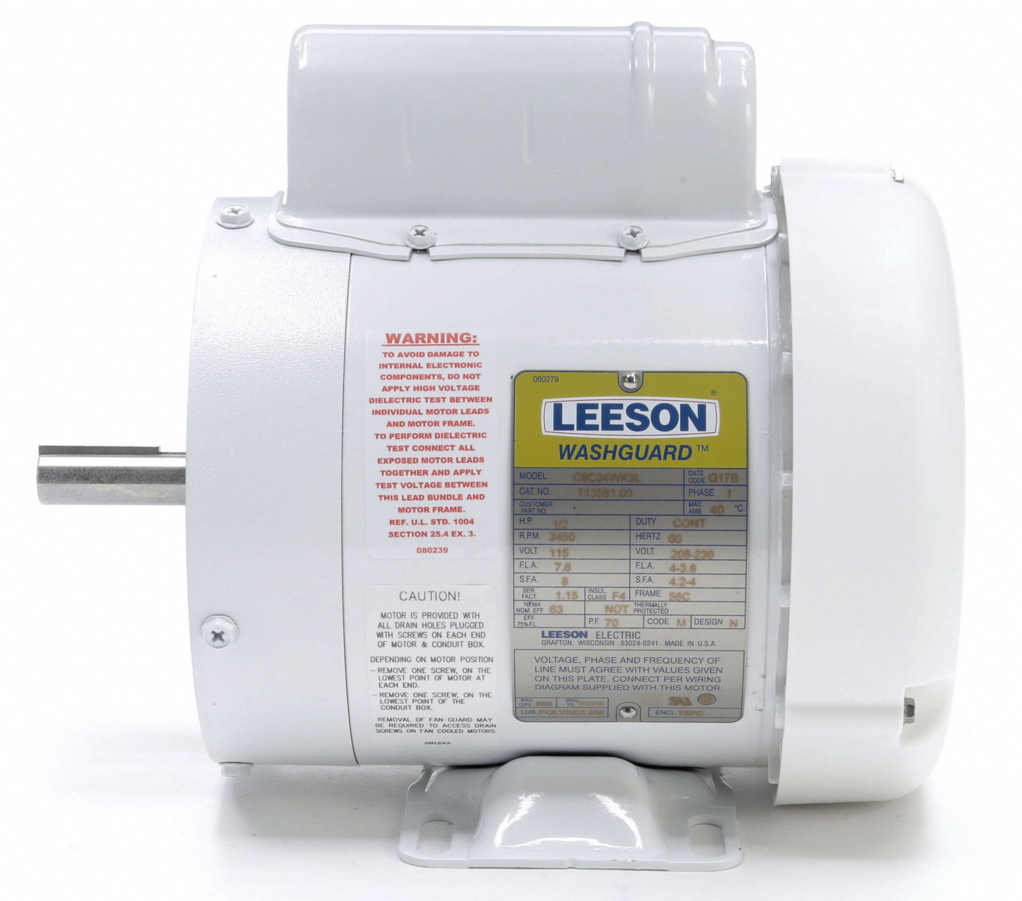 LEESON Washdown Motor: Capacitor-Start, 1/2 HP, 3,450 Nameplate RPM ...