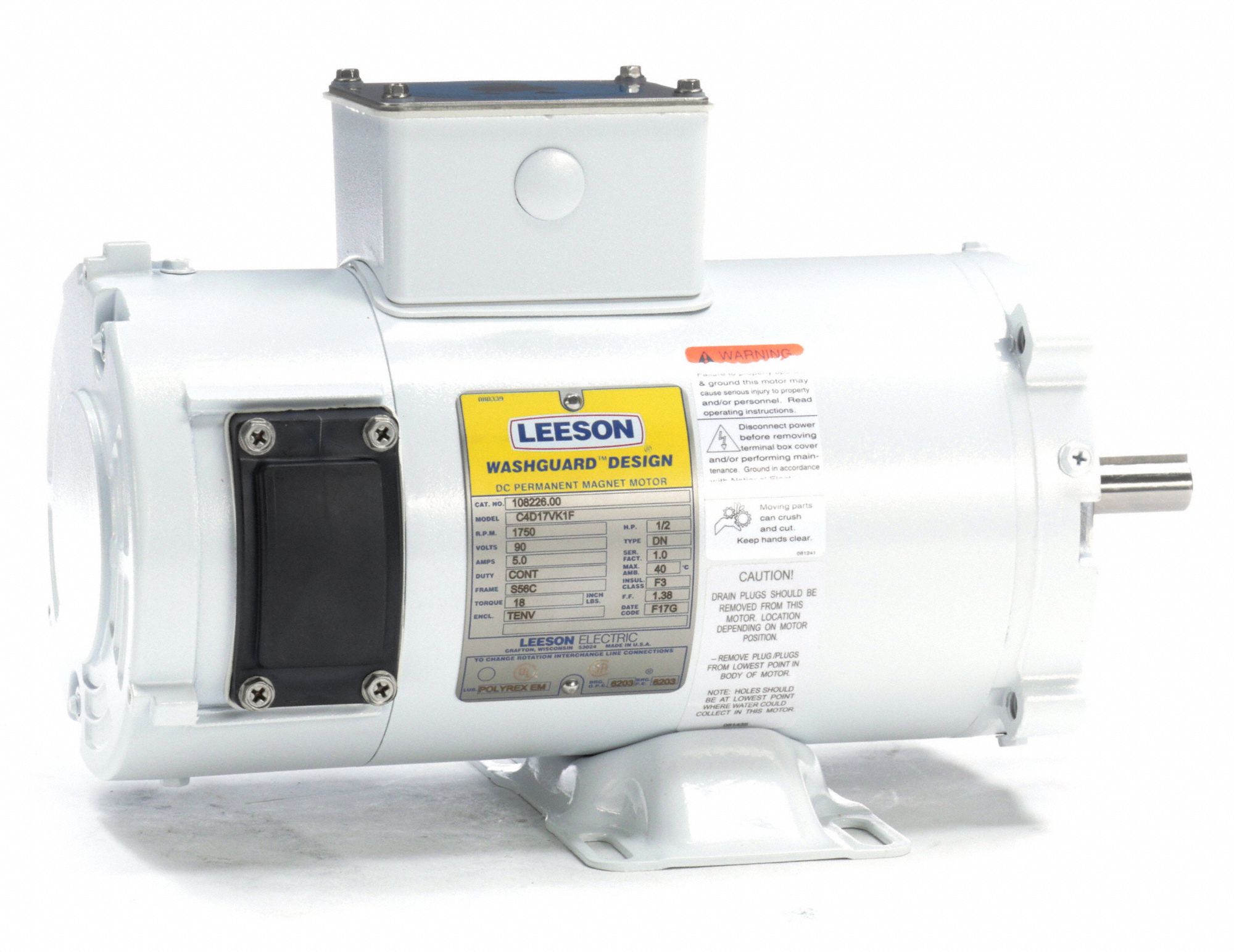 LEESON DC Washdown Motor, 1/2 HP, Epoxy Finish, Permanent DC
