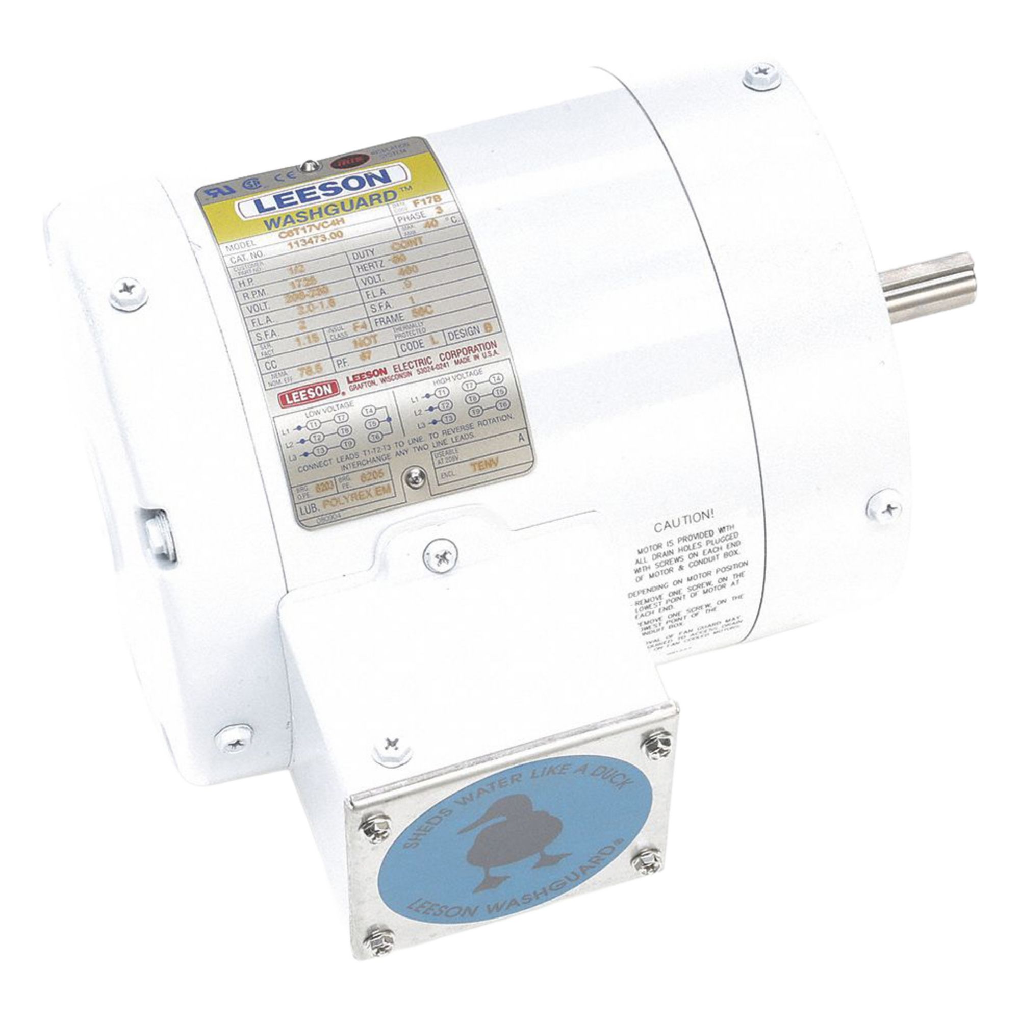 Washdown Motor: Three-Phase, 1/2 hp Horsepower, 1, 725 RPM RPM, 230/460V AC, 56C Frame Size