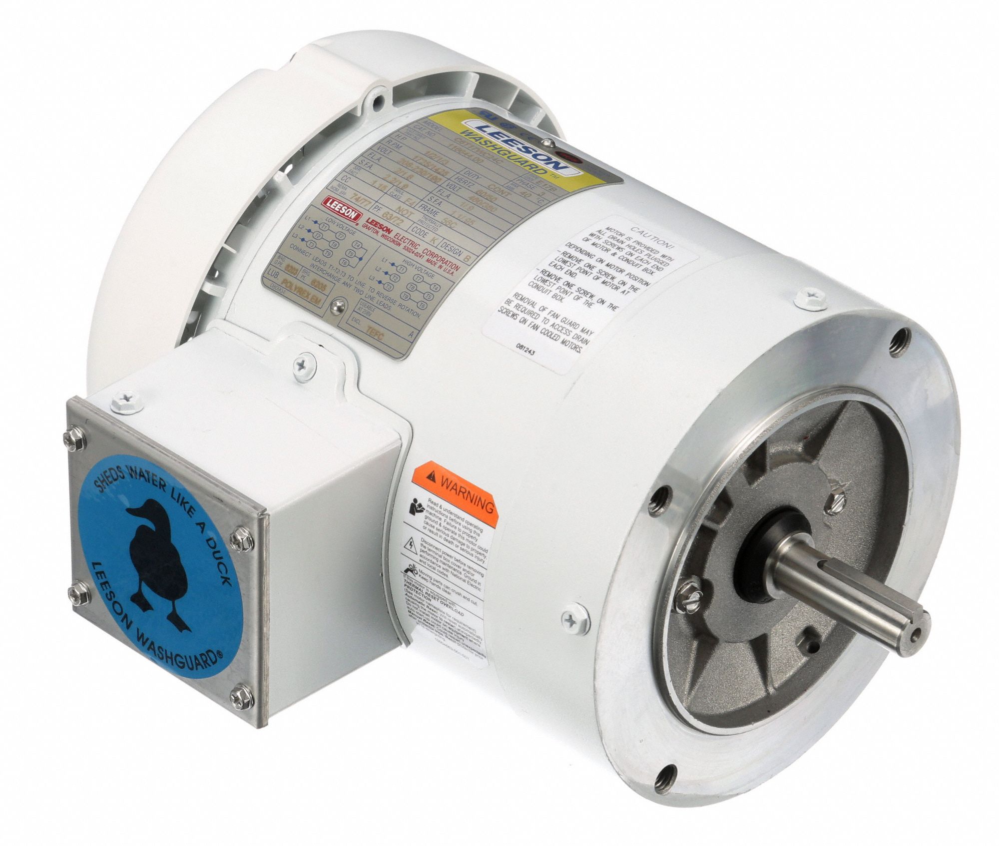 LEESON Washdown Motor 3Phase, 1/2 HP, 1,725 Nameplate RPM, 208230